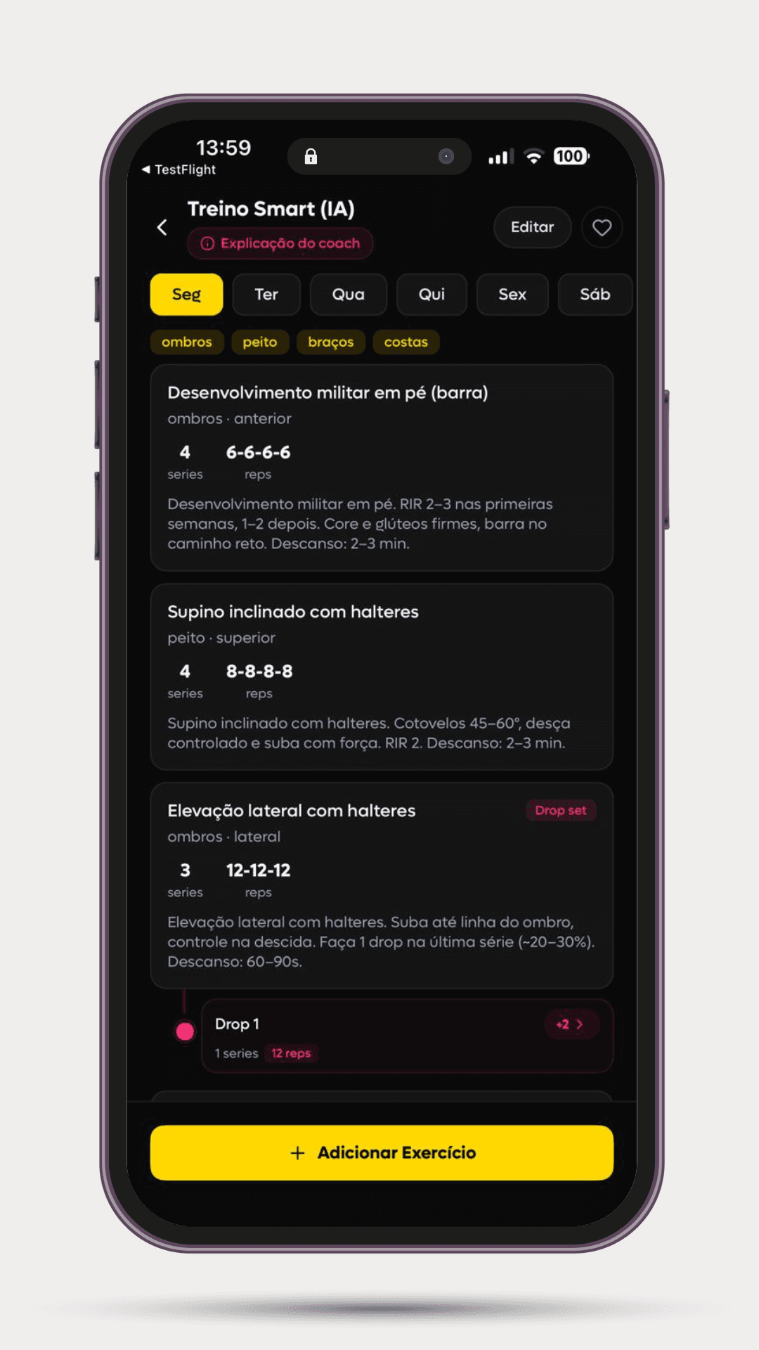 Tela de edição e organização de planos da SelfShapeAI.