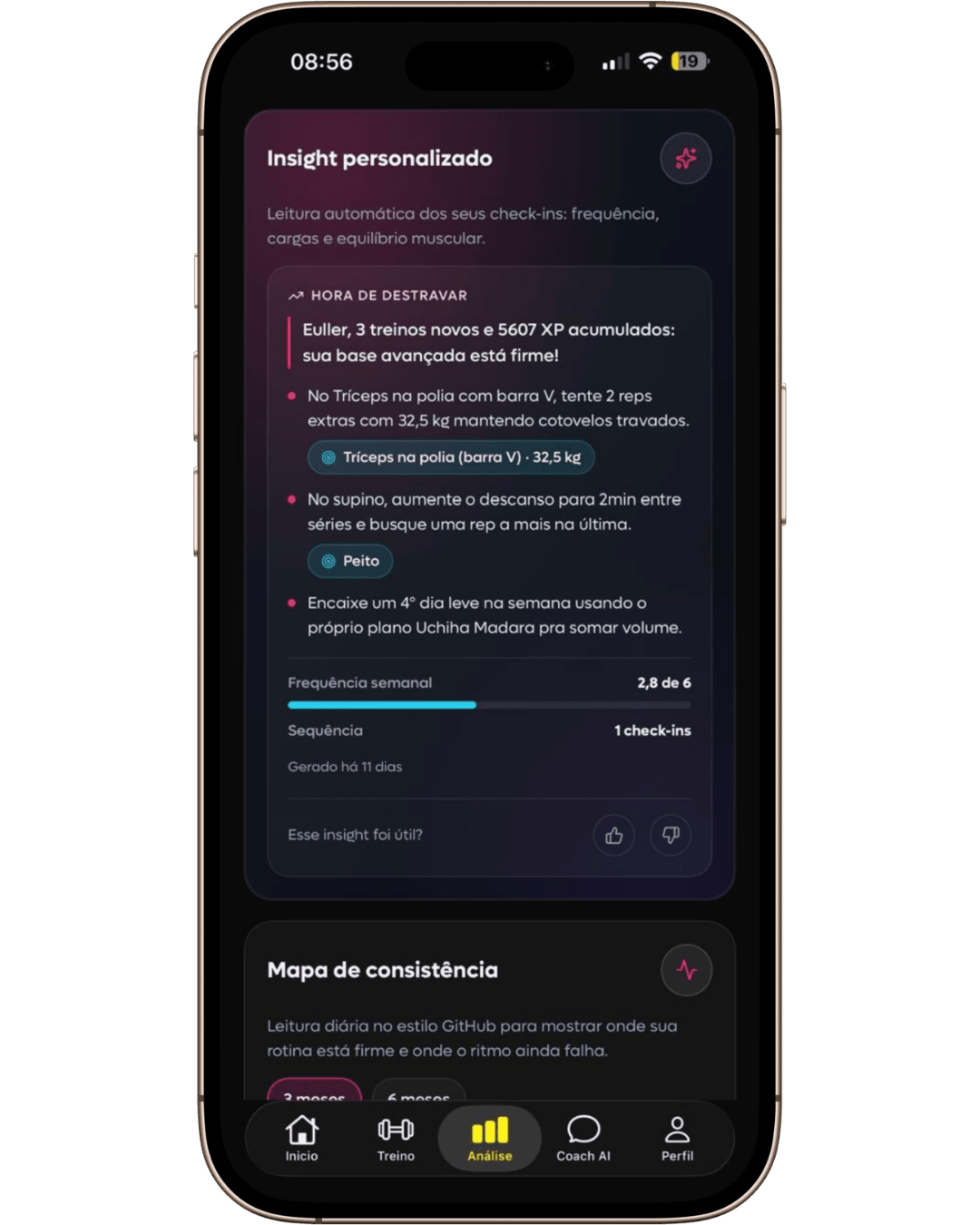 Insight personalizado da SelfShapeAI com recomendações de carga, descanso e frequência geradas a partir dos check-ins.
