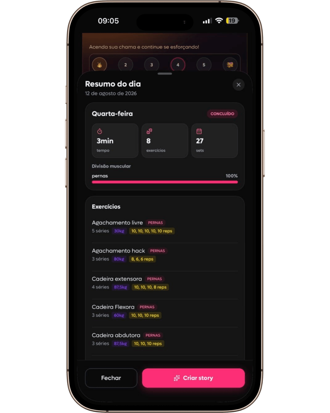 Resumo de uma sessão concluída na SelfShapeAI com duração, exercícios, séries e cargas registradas.