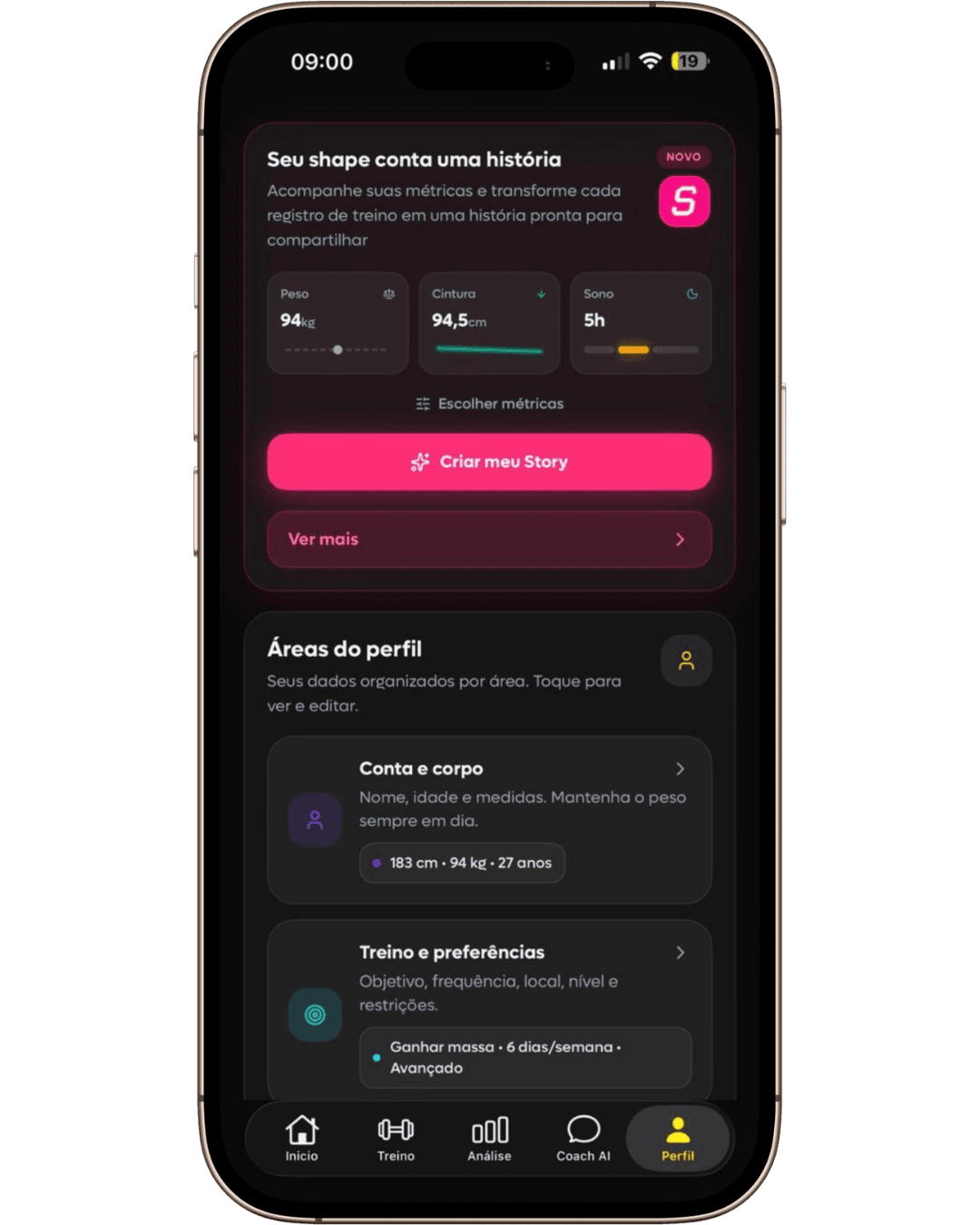 Tela de perfil da SelfShapeAI com peso, cintura e sono acompanhados ao longo do tempo
