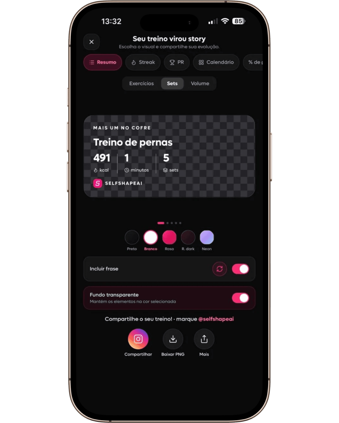 Story Studio da SelfShapeAI personalizando um resumo de treino com séries, cores e frase antes de compartilhar.